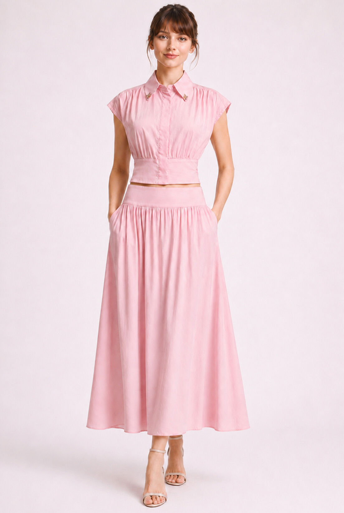 Pembe Poplin Korsajlı Etek
