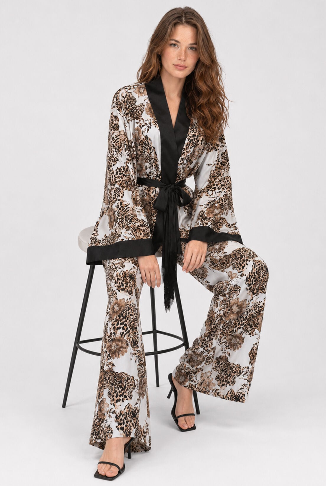 Leopar İpek Saten Pantolon
