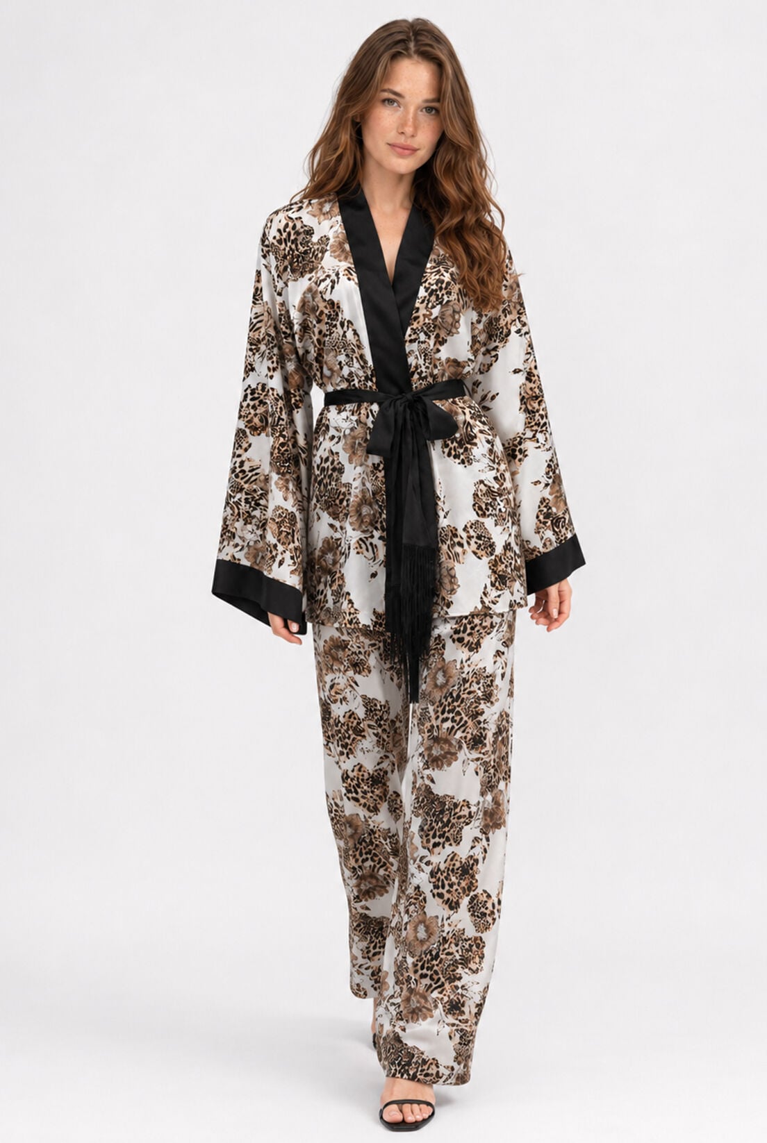 Leopar İpek Saten Kimono