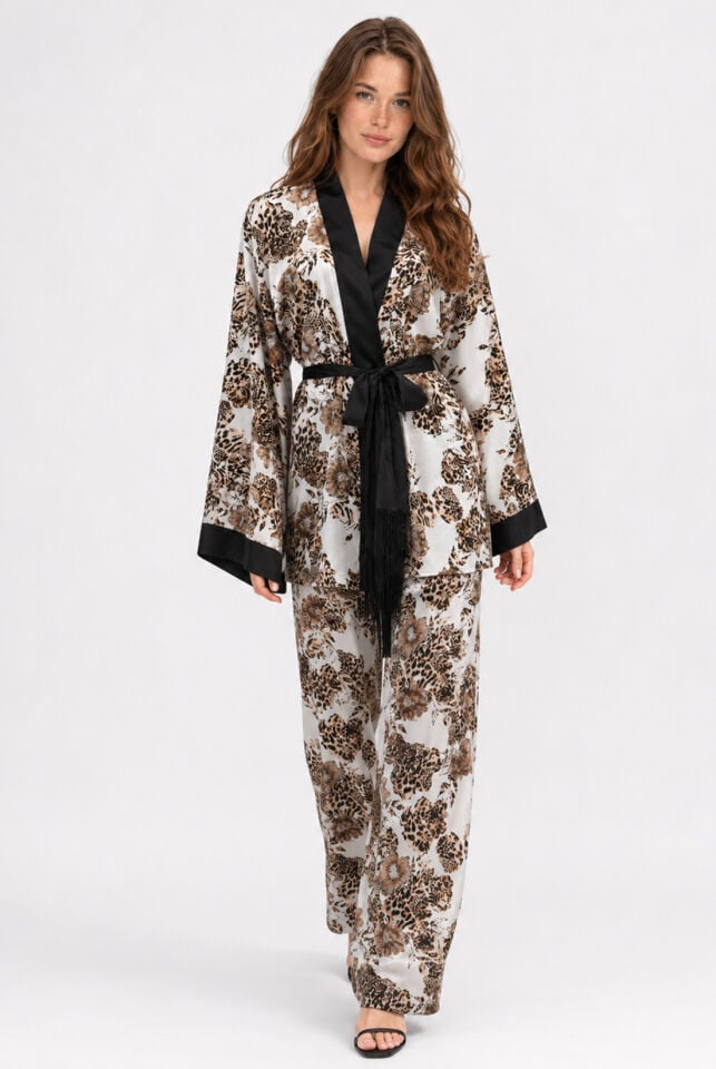 Leopar İpek Saten Kimono