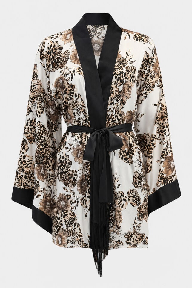 Leopar İpek Saten Kimono