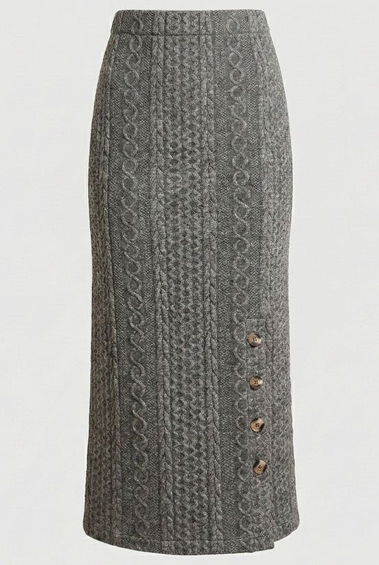 Düğme Detaylı Midi Boy Örme Etek