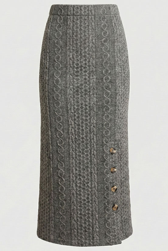 Düğme Detaylı Midi Boy Örme Etek