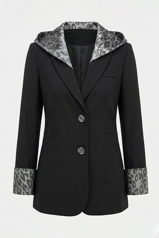 Gri Leopar Kapüşon Detaylı Blazer Ceket