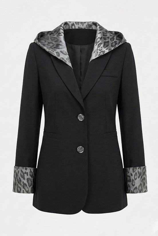 Gri Leopar Kapüşon Detaylı Blazer Ceket