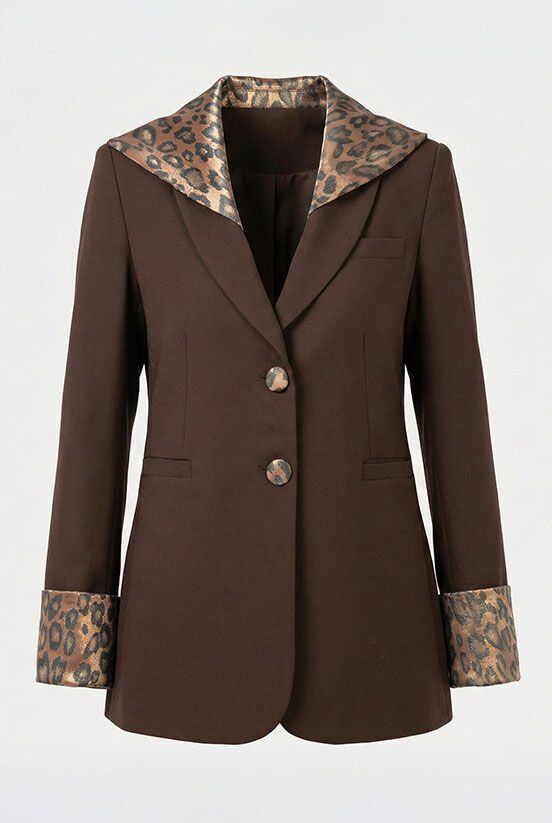 Kahverengi Leopar Kapüşon Detaylı Blazer Ceket