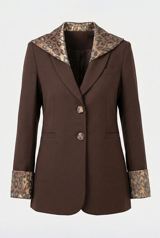 Kahverengi Leopar Kapüşon Detaylı Blazer Ceket