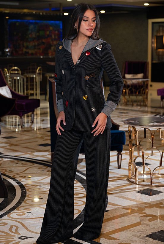 Çizgi Desen Kapüşonlu Blazer Ceket