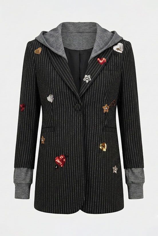 Çizgi Desen Kapüşonlu Blazer Ceket