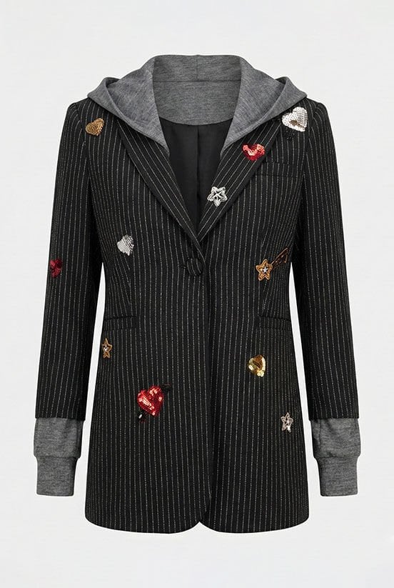 Çizgi Desen Kapüşonlu Blazer Ceket