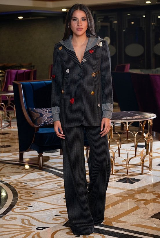 Çizgi Desen Kapüşonlu Blazer Ceket