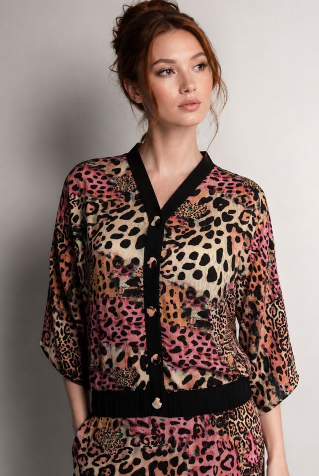 Pembe Leopar Detay Jakarlı Gömlek