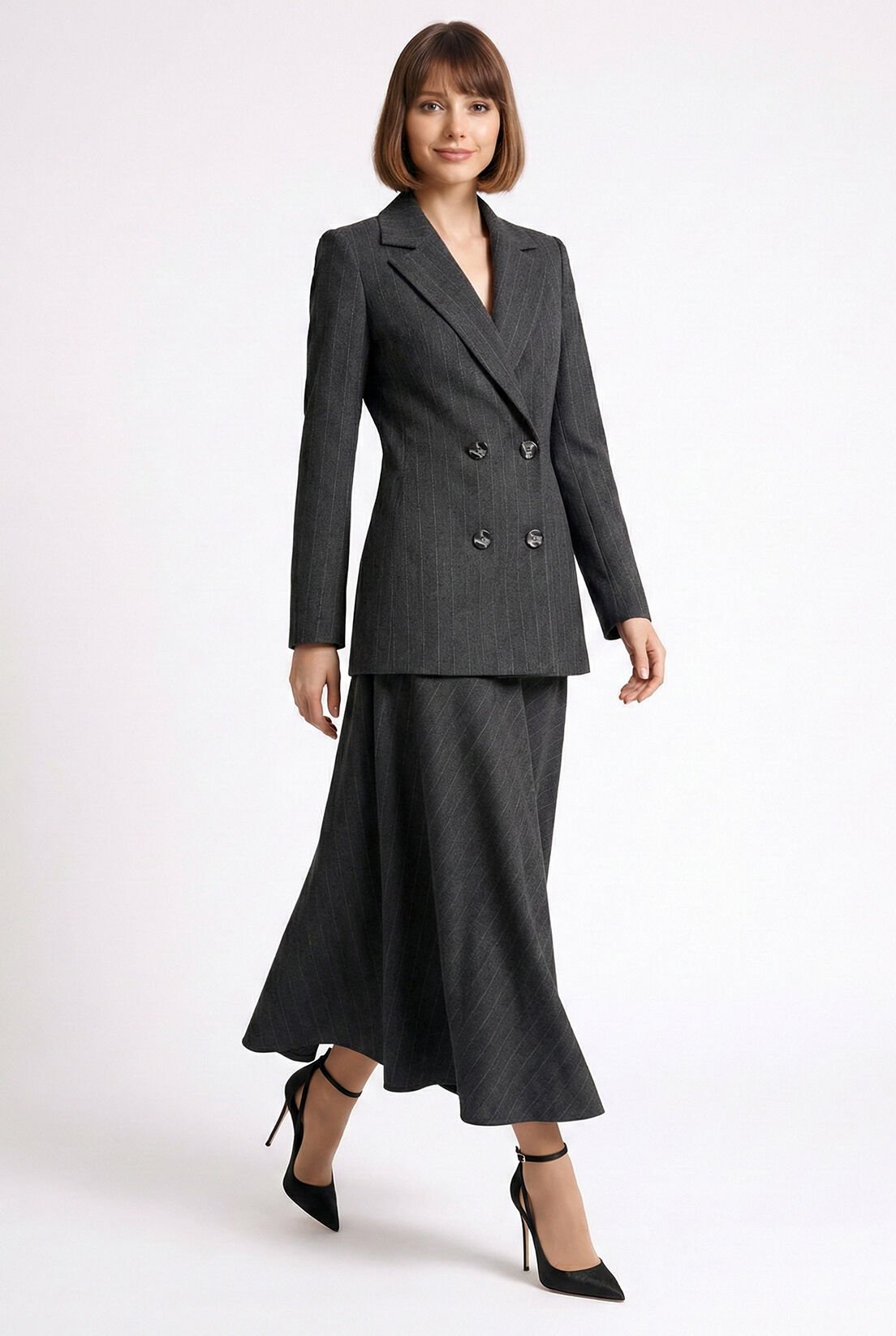 Gri Çizgili Kruvaze Ceket