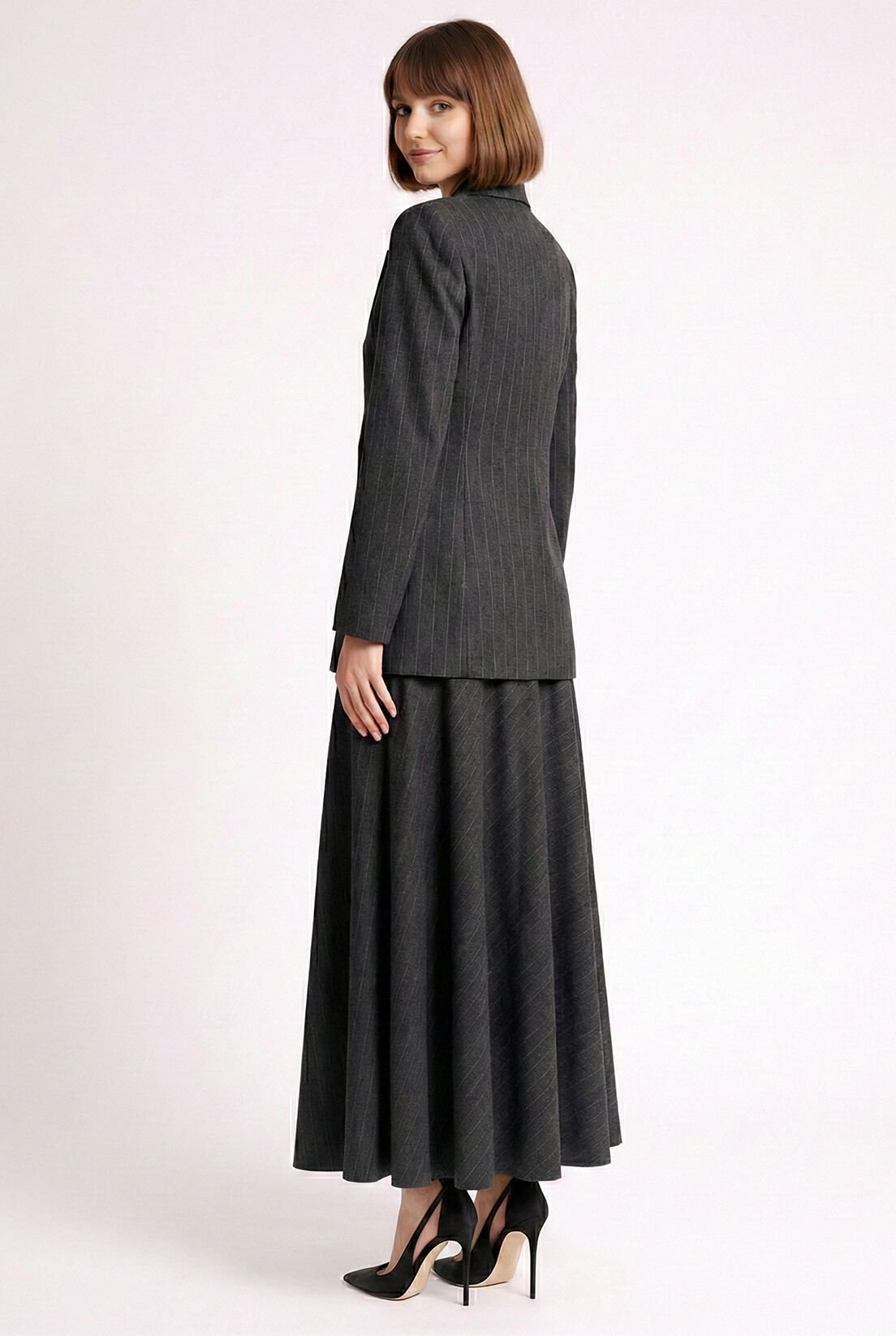 Gri Çizgili Kruvaze Ceket