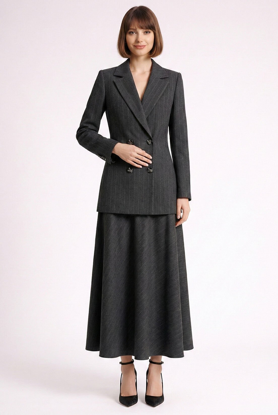 Gri Çizgili Kruvaze Ceket