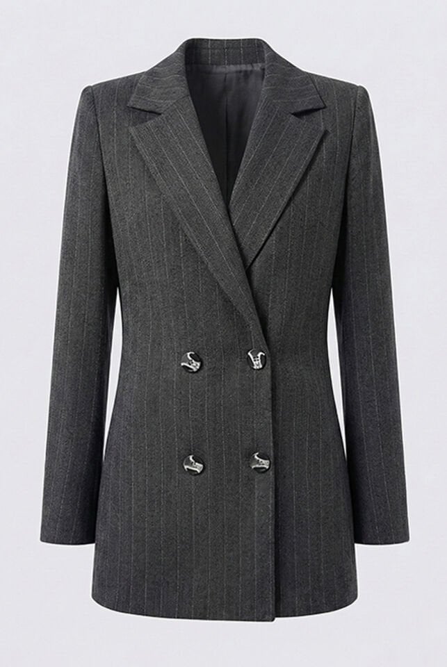 Gri Çizgili Kruvaze Ceket