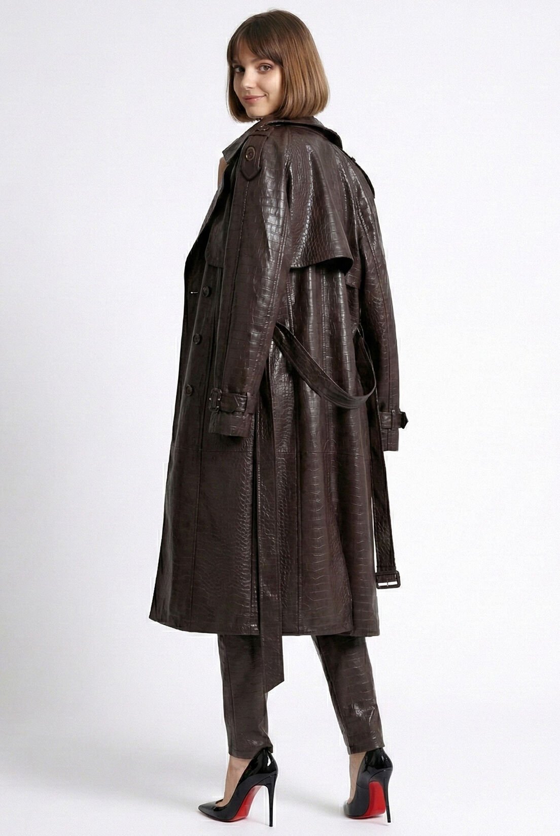 Deri Görünümlü Kahve Trençkot