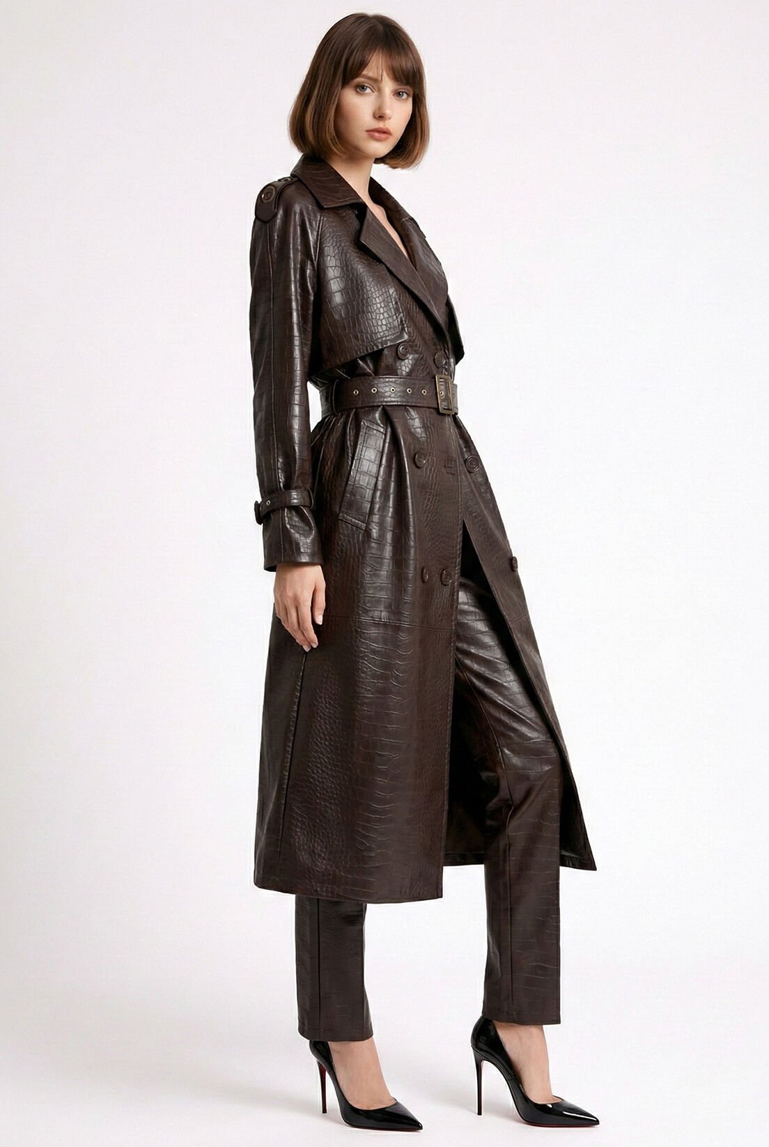 Deri Görünümlü Kahve Trençkot