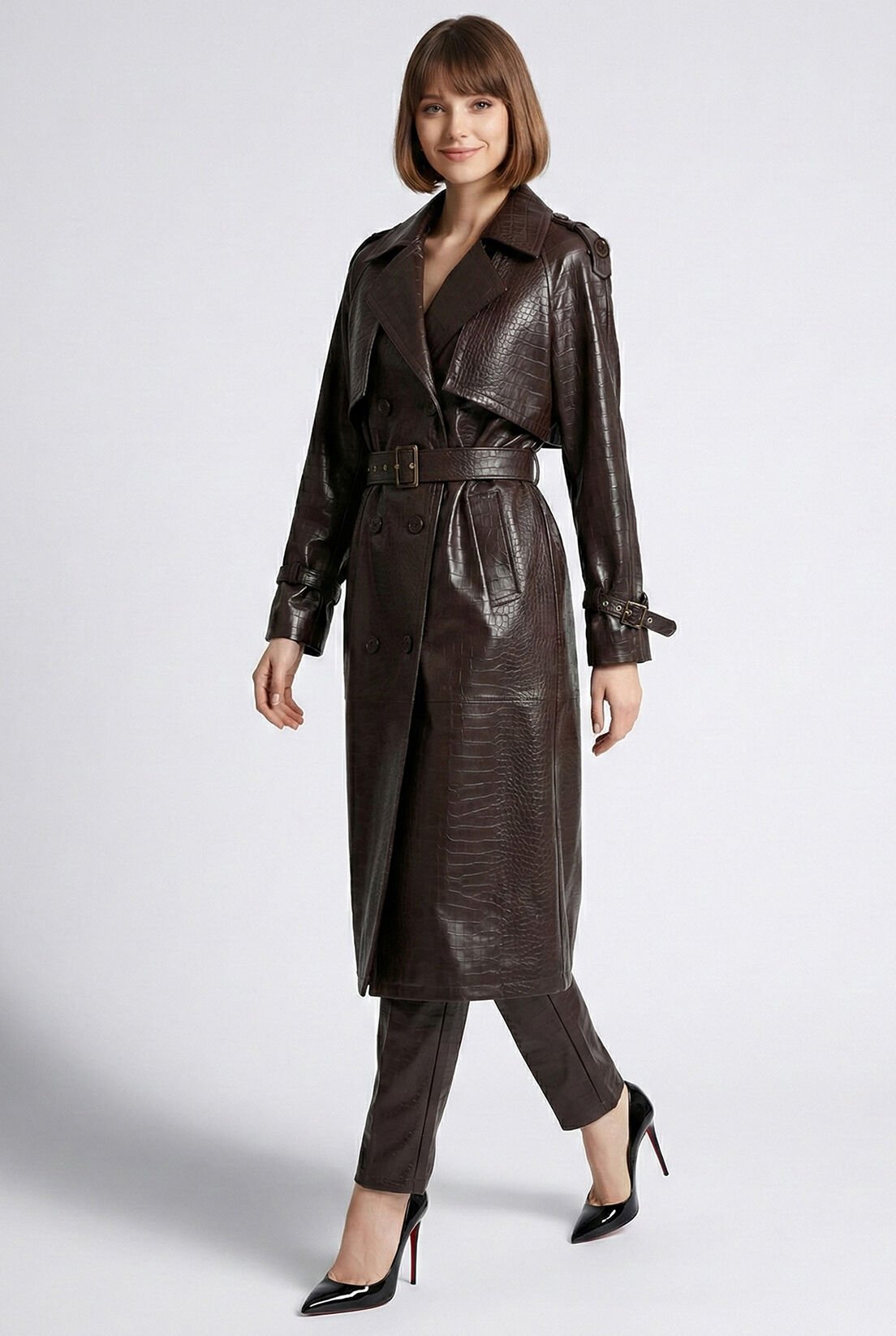 Deri Görünümlü Kahve Trençkot