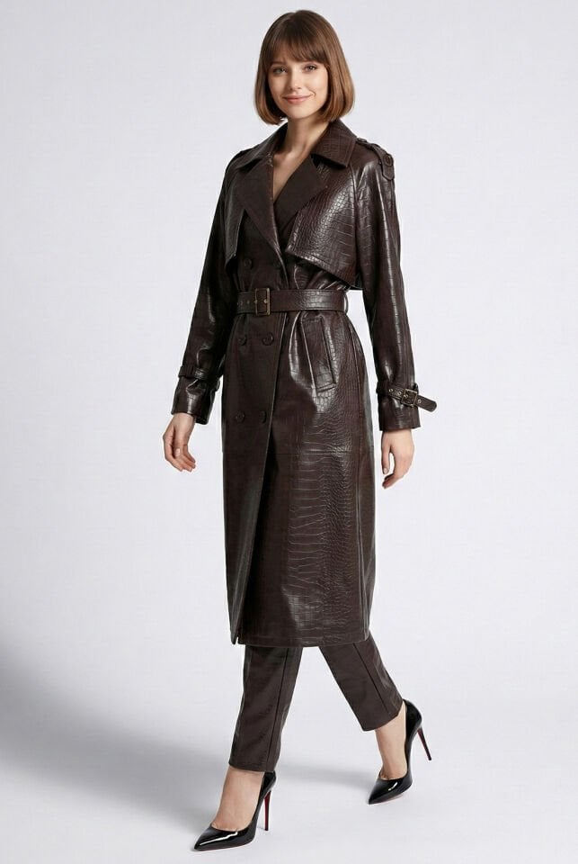 Deri Görünümlü Kahve Trençkot