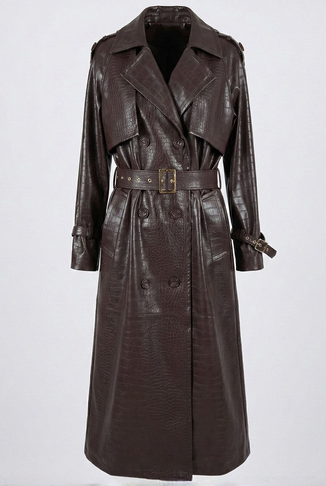 Deri Görünümlü Kahve Trençkot