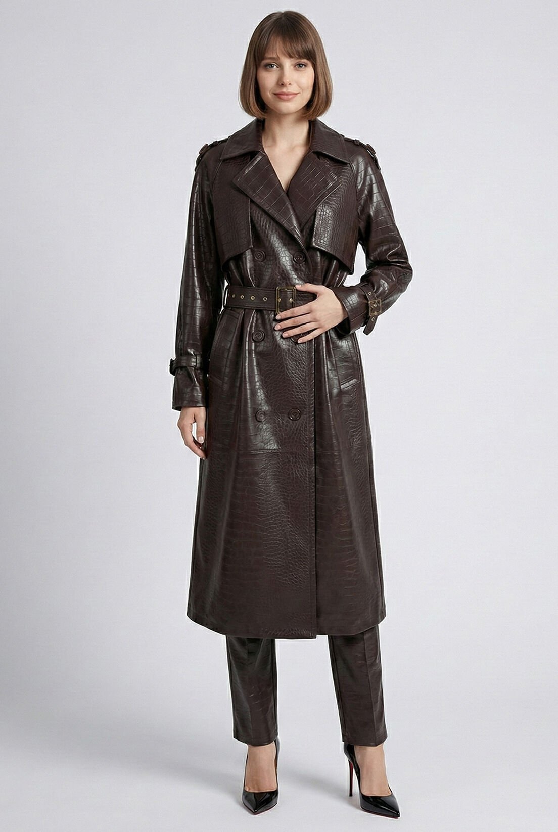 Deri Görünümlü Kahve Trençkot